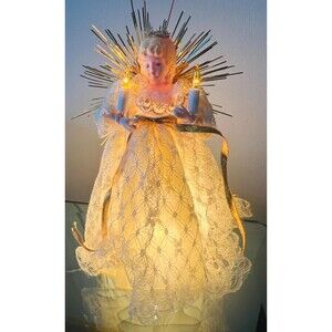 Vintage Porcelain Angel Tree Topper, Lace Dress, Starburst Wings, Candles